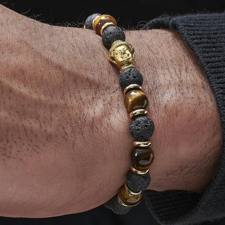 Pulsera tibetana de lava y ojo de tigre para hombres - Pulseras de perlas