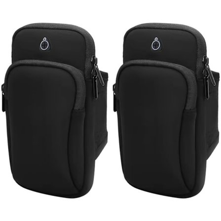 2-pakks mobiltelefonarmbånd, sportsveske, utendørs sport, løpearmbånd med hodetelefonuttak og to lommer for løping, trening (svart)