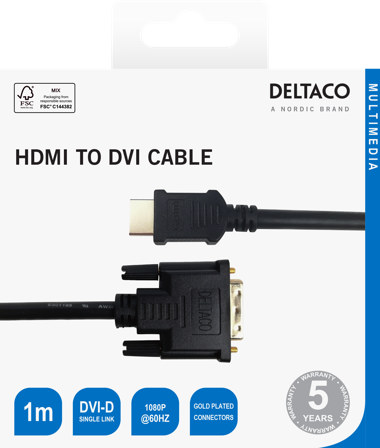Deltaco HDMI to DVI cable, 1080p, DVI-D Single Link, 1m, black