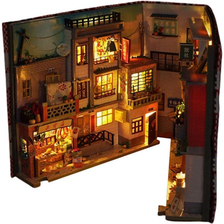 Kirjanurkkaussarja, puinen miniatyyritalo huonekaluilla ja LED-valolla, puinen palapeli, taidekirjatuki, kirjanurkkaussarja