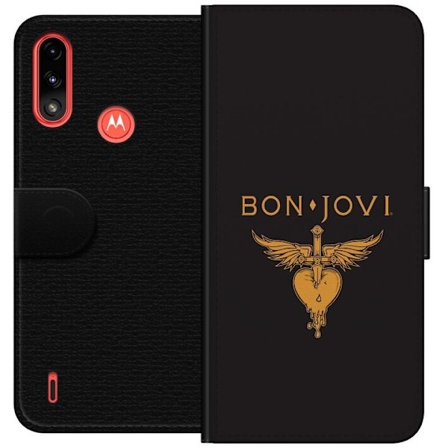 Kompatibelt Plånboksfodral till Motorola Moto E7 Power Ikonisk musikillustration med bevingat hjärta och dolk i guldtoner på mörk bakgrund, kraftf