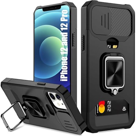 [LCS] Cover til iPhone 17 Pro Max med [Kortholder][Skydbart kamerabeskyttelse][360° Roterende Ringstativ] Kraftigt Beskyttende Mobilcover