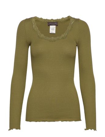 Silk T-Shirt W/ Lace T-shirts & Tops Long-sleeved Kakigrønn Rosemunde