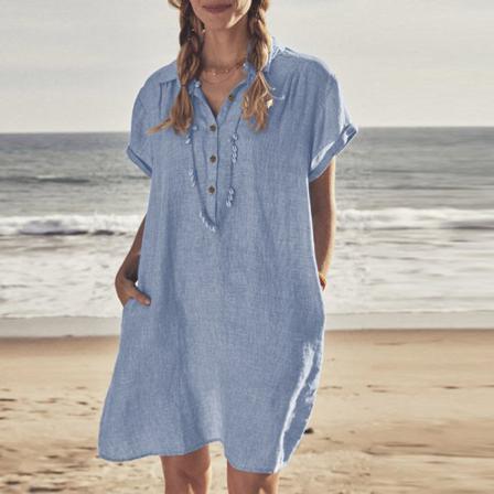 Kvinnor Button Down Sundress V-hals T-shirt Klänning