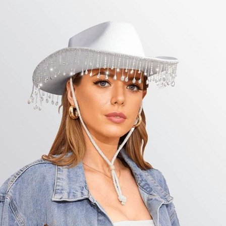 Hvid Cowboyhat til Kvinder med Glimtende Rhinestone-Frynser