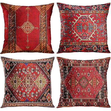 Dww - 4-delt sæt Vintage Rød Blomstermønstret Tyrkisk Persisk Tæppe Lærred Pudebetræk Hjemmepude Pudebetræk Geometrisk Persisk Kilim Hjemmeindretning 