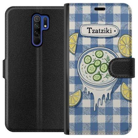 Kompatibelt Plånboksfodral till Xiaomi Xiaomi Redmi 9 Grekisk tzatzikiskål illustration, gurka citron dill blått rutigt mönster, köksplansch desi