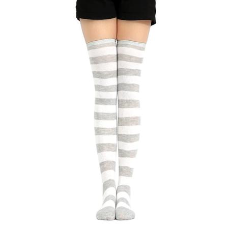 Sijiali Søte kvinner Stripe Lår Høyt Over Kneet Strømper Stretch lange Cosplay Sokker Gray White Wide Stripe