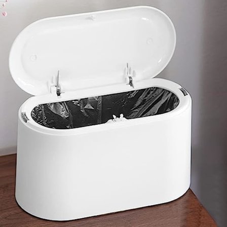 Hvid, lille bordskraldespand med trykknap låg Hvid skrivebordsspand