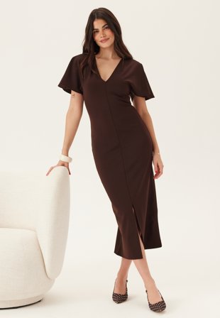 Bubbleroom - V-Neck Butterfly Sleeve Dress - Brown - Kläder