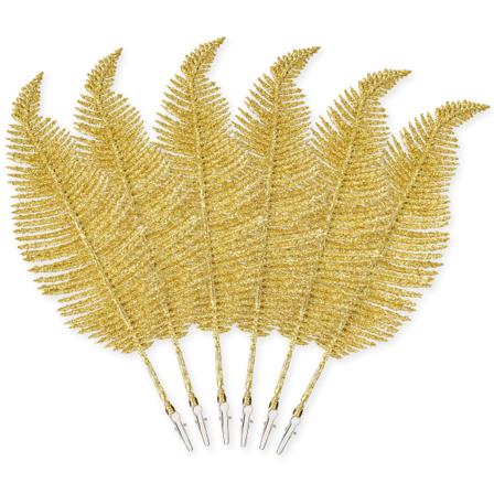 Pakke med 6 juleglitterfjer – Guld, 22 cm, klip på fjerdekorationer, juletræskugler, glitrende ornamenter, julehjemmeindretning (guld) Gold