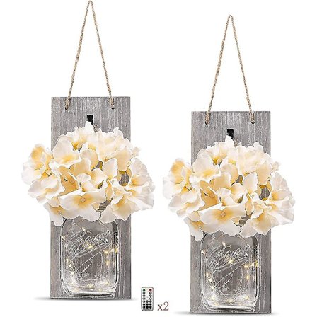 2 stk rustikke vegglamper i murkrukke, vintage rustikk tredekor, smidde jernkroker gave