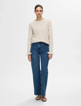 Selected Slflulu Ls Knit Frill Cuff O-Neck Noos - Cream - L