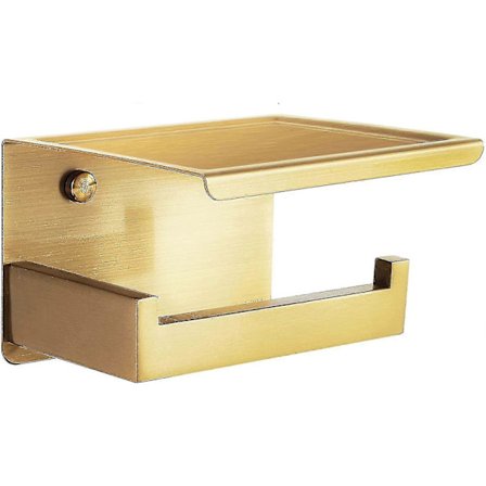 Toalettpappershållare i guld, borstad mässing toalettpappershållare med hylla, självhäftande, ingen borrning eller skruvar krävs, väggmonterad för 