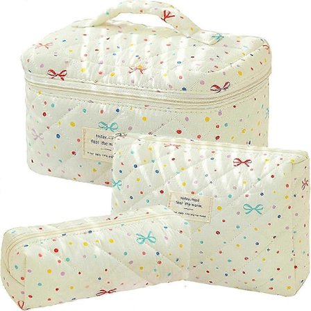 3 stk. Makeup Taske Bomuld Vatteret Rejse Kosmetiktaske Sød Blomstret Makeup Pung Stor Toilet Taske til Kvinder Piger (Sløjfe-Pink)