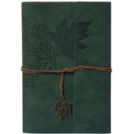 Vintage læder notesbog med ahornbladsmønster - 16,5x23,5 cm A5-størrelse - 80 ark 6-ringsbind - Grøn rejsedagbog til arbejde, skole, skitsebog