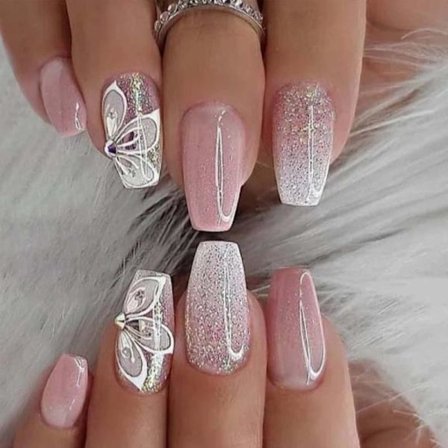 Grå Glitter Tryk På Negle Kiste Lange Falske Negle Akryl Gradi