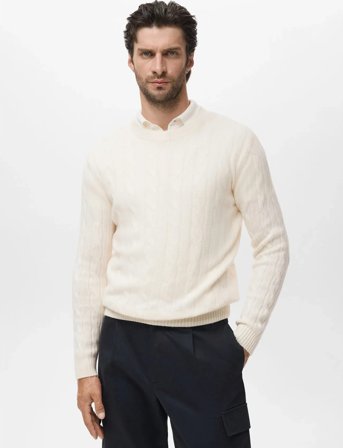 Mango 100% Wool Braided Sweater - Cream - M