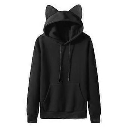 Herre Casual Ensfarget Pullover Hettegenser med Katteører, Fleece og Lomme (S Svart)