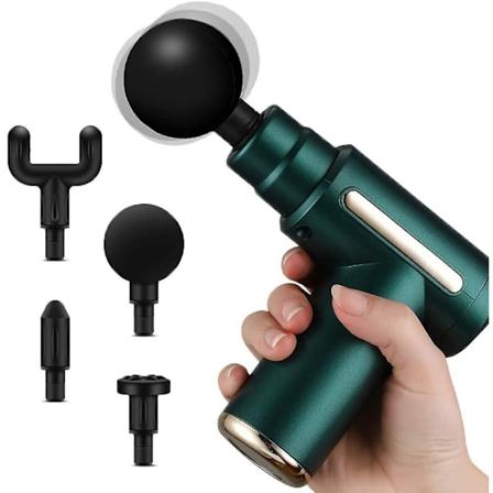 Mini massasjepistol for dypvevsmassasje, USB-oppladbar, 4 massasjehoder, reise- og hjemmebruk, håndholdt elektrisk massasjeapparat, 6 moduser - grønn