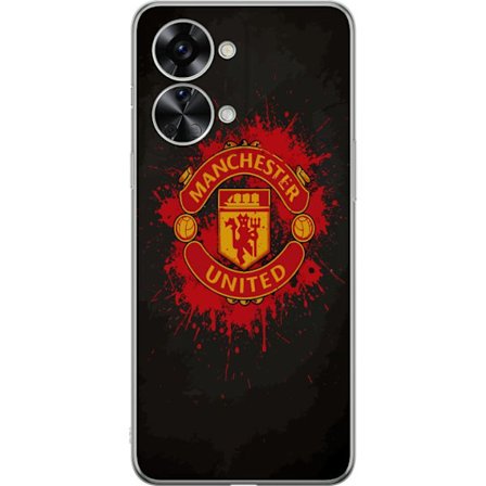 Kompatibelt Mobildeksel til OnePlus OnePlus Nord 2T Manchester United logo i rød og gul farge med røff sportslig bakgrunn