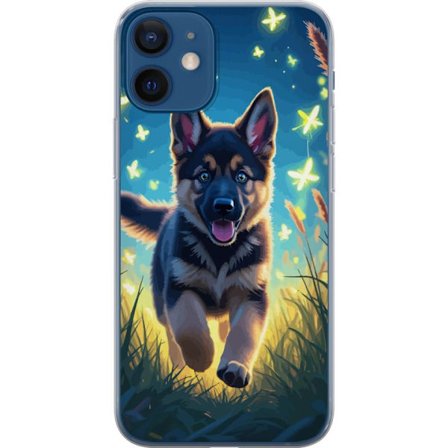 Kompatibelt Mobilskal till Apple Apple iPhone 12 Tysk schäfer valp affisch valp hund hoppar äng fjärilar söt hund illustration blå nattkonst