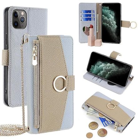 Fodral för iPhone 11 Pro med dragkedjeficka, telefonväska, stativ och sminkspegel - Vit