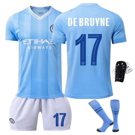 23/24 Mestarien liigan painos Manchester City jalkapallopaitasetti sukkien ja suojavarusteiden kanssa 17 DE BRUYNE barnstorlekar24