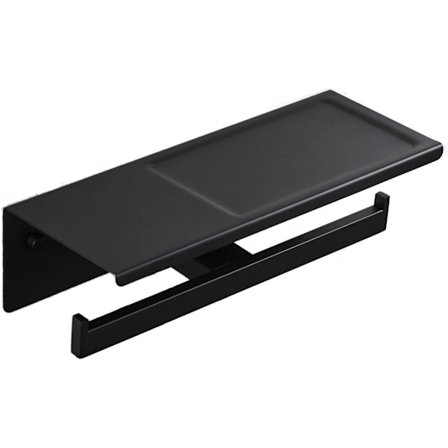 Toalettpappershållare i rostfritt stål, dubbel rulle, med hylla för telefon, matt svart, väggmontering, badrum/kök, 30 cm, LK5502B