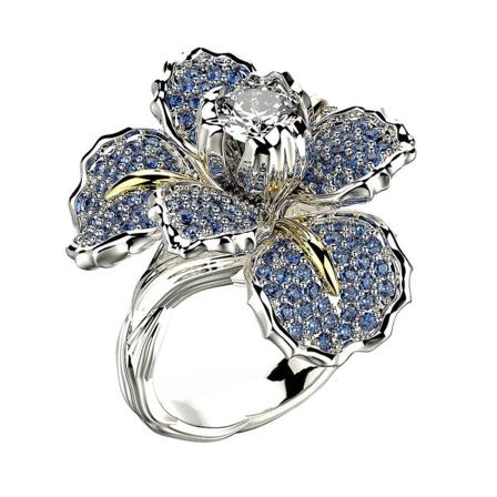 Kvinners Luksus Full Rhinestone Inlaid Iris Blomster Fingerring Bryllup Smykker Gave Blue US 7