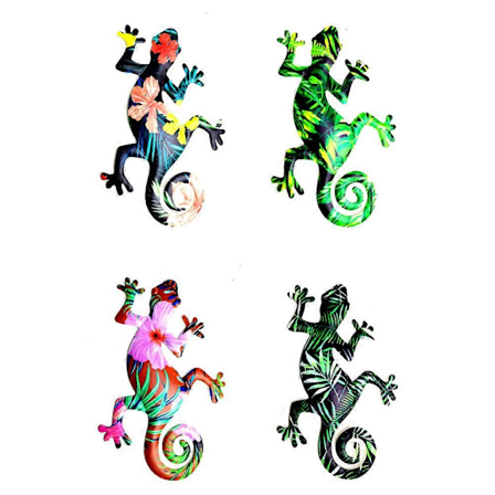 Sett med 4 metallgekko veggdekor, hagepynt veggkunst utendørs hagedekorasjoner vegggjerde skulptur hengende for utendørs bakgård veranda hjemme 