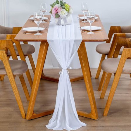 Moderne Chiffon Bordløber - 70 x 300 cm - Vaskbar - Dekorativ Stof Bordløber (Hvid)