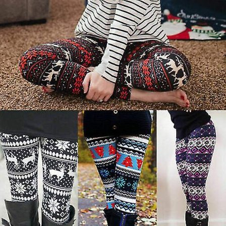 Damestrømper i tykk strikk, ekstra lange, vinter, jul, elg, snøfnuggmønster, myke, koselige, varme, over kneet, lårhøye, benvarmere