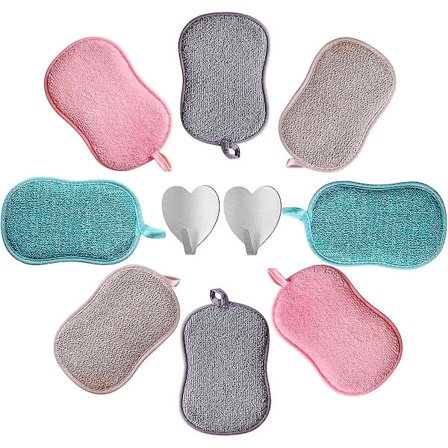 8 st Mikrofiber Skrapande Tvättsvampar + 2 st Klisterkrokar Antibakteriella Luktfria Miljövänliga Pads Perfekt för Icke-klibbiga Kastruller, Pannor 