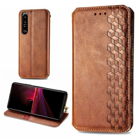 Sony Xperia 1 III læderetui med stilfuldt rombe aftryk - Brun