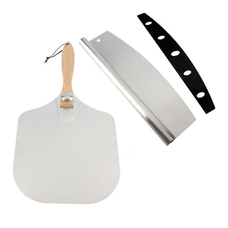 Pizza Spadesett, Pizzaspade + Vippende Pizzaskjærer, Pizza Spade i Metall Aluminium, Sammenleggbart Trehåndtak, Rustfritt Stål