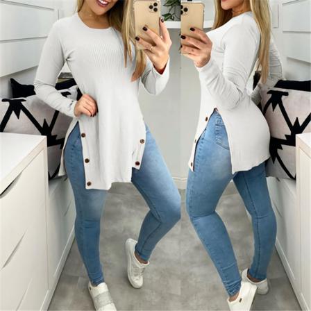 Elegant Långärmad Skjorta Dam Sexig Sida Slit Button Toppar Pullo