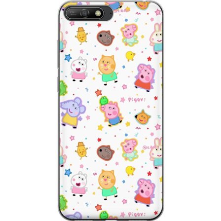 Kompatibel Mobilcover til Huawei Y6 (2018) Farverige tegneserie dyrekarakterer i en legende stil med stjerner og prikker på en lys baggrund