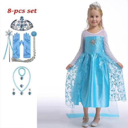 Elsa Prinsessa Klänning +8 Extra Tillbehör Lightblue 130 Cm