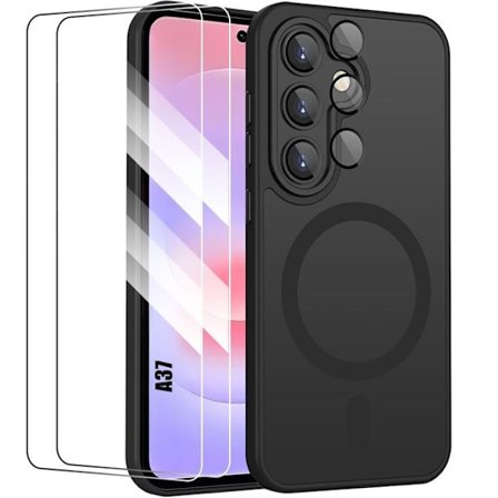 Cover til Samsung Galaxy A37 5G, med magnetisk cirkel og kameraglas - Sort - 2 hærdede glas