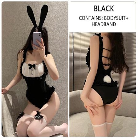 Mub- Anime cosplay bunny sexy kostyme åpen skritt bodysuit med pannebånd sett GR2328 Svart Svart—maks
