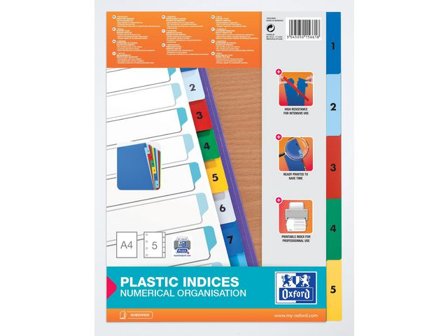 Oxford Plastregister, polypropylen, 5 delar, 1-5, A4, olika färger - Lyreco - Kontorsmaterial - Pärmar och register - Plastregister - Tryckta