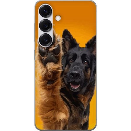 Kompatibelt Mobilskal till Samsung Samsung Galaxy S25 Glad hund vinkar med tassen charmigt djurporträtt på gul bakgrund perfekt för hundälskare