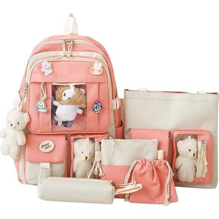 Kawaii Rygsæk sæt 5Pcs Æstetiske Skole tasker sød rygsæk sæt med Vedhæng Frokostpose, Blyant Etui, Håndtaske, Møntpung-pink