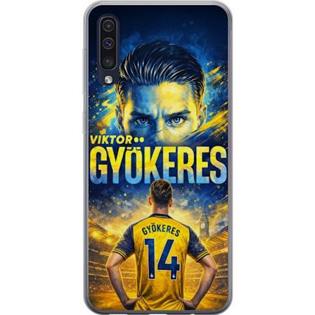 Kompatibelt Mobildeksel til Samsung Samsung Galaxy A50 Viktor Gyökeres fotballplakat i gult og blått med dramatisk stadionbakgrunn, sportillustrasjo