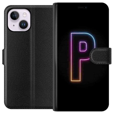Kompatibel Tegnebogsetui til Apple Apple iPhone 15 Plus Minimalistisk neonbogstav P i farvegradient og lyseffekt mod sort baggrund i digital neonstil