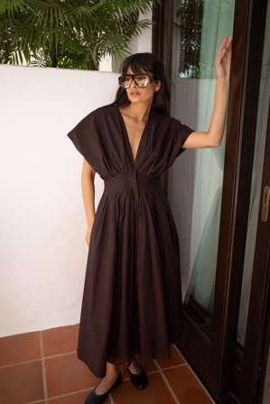 NA-KD Cotton Pleated Short Sleeve Midi Dress - Forårskjoler - Brun - EU 34