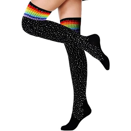 Kule, lange, søte jule-sokker med regnbue-striper, lårhøye