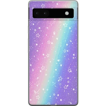 Kompatibel Mobilcover til Google Pixel 6a Rainbow-farvet pastelbaggrund med hvide stjerner og glitrende prikker i blød overgang