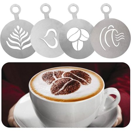 4 stk. kaffestensiler i rustfritt stål - Personlig latte art og kakedekor med cappuccino-kunstmaler i barista-kvalitet